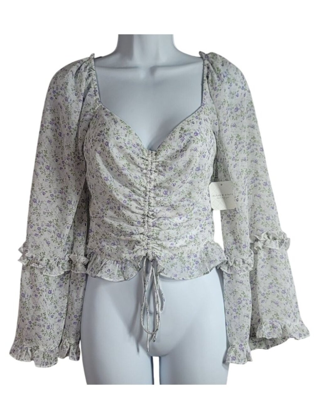 Altar'd State Boho Ruffle Floral Top Purple Small Bell Sleeve Adj Lined NEW